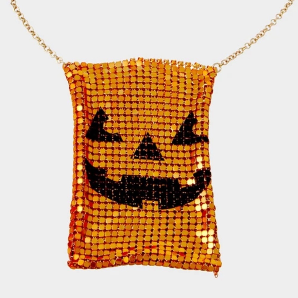 BETSY JOHNSON Just Treats 28” Orange & Black Jack-O-Lantern Neck Purse N…